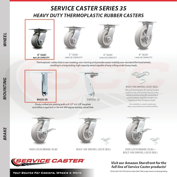 4 Inch Thermoplastic Caster Set With Roller Bearing 2 Swivel Lock And 2 Rigid